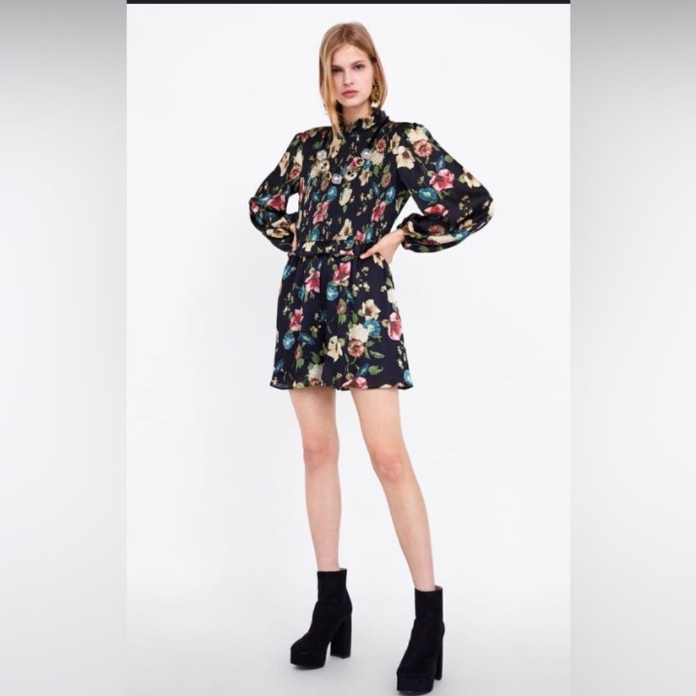 ZARA Multicolor Floral Romper Long Sleeve Chiffon Black Small - Picture 2 of 15